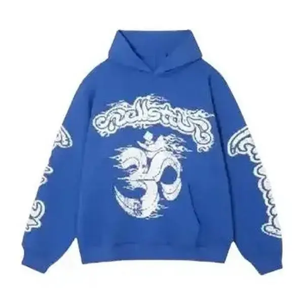 Hellstar Racer Tracksuit Vintage Blue Flame Graphic Hoodie Sweatpants Set Oversized Streetwear Jogger Set