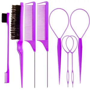 Hair Styling Essentials Set 8Pcs with 4Topsy Hair Tail Tools 1Bristle Teasing Brush 1Edge Control Brush 2Metal Pin Rat Tail Combs for Women Girls Purple