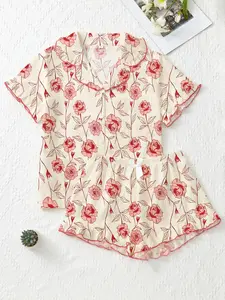 Women's Short Sleeve Shorts Pajama Set, Elegant Floral Lace & Rose Print, Soft Skin-Friendly Fabric, Wearable Homewear