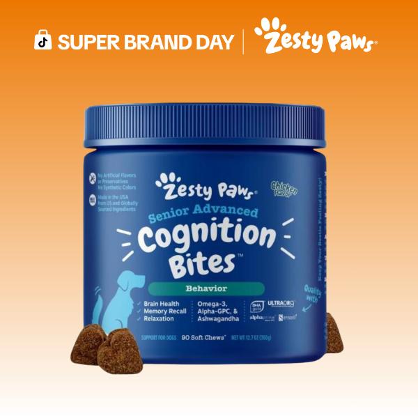 Zesty Paws Senior Advanced Cognition Bites for Senior Dogs Soft Chew Relief Treats Brain Support Natural 90 Chews 12.7oz Natural