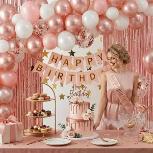Rose  Birthday Decorations for Women -  White Balloon Garland Kit with Happy Birthday Banner, Tiara Crown, Sash & Fringe Curtains 33 count