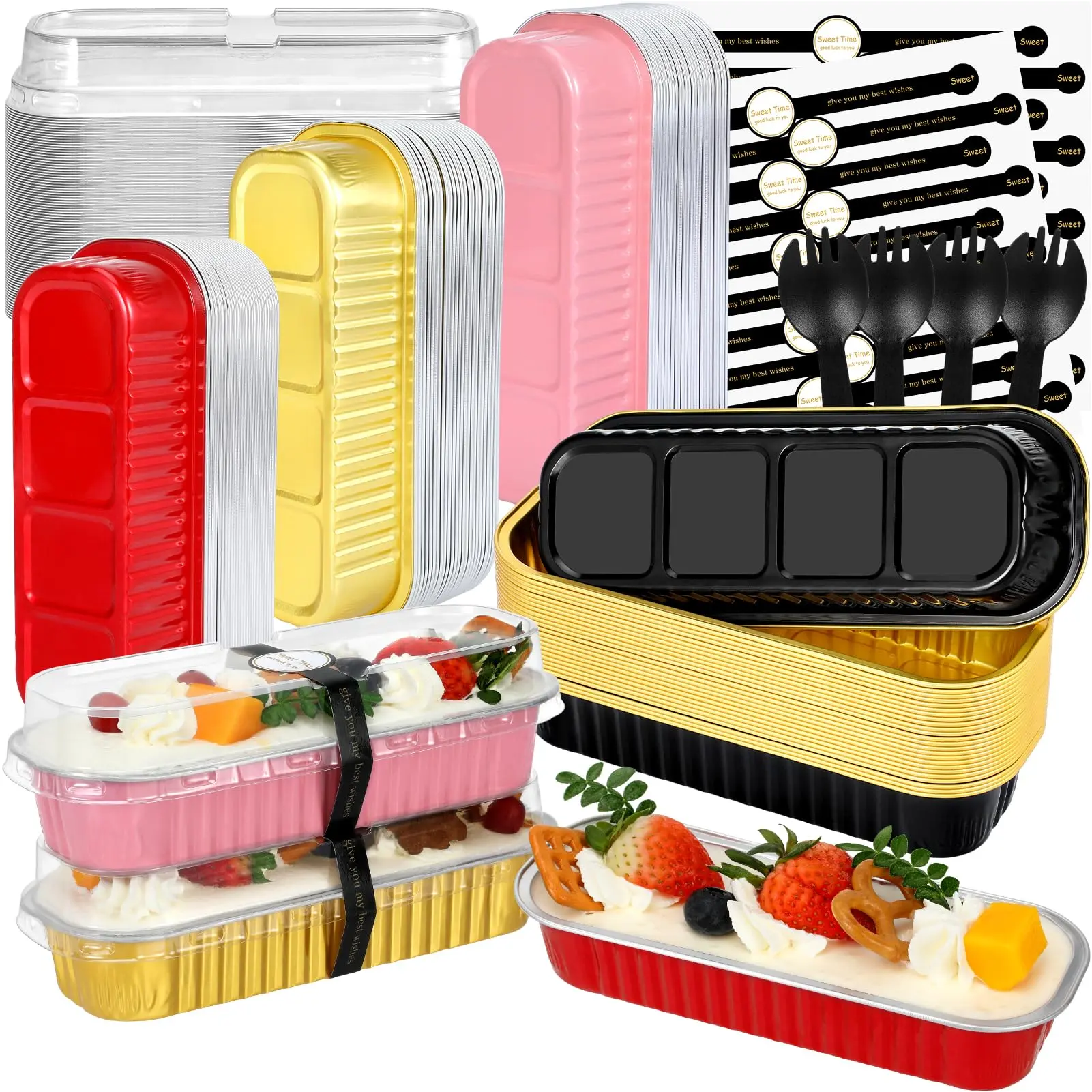 Mini Loaf Pans with Lids and Spoons (100 Pack, Mixed color, 6.8oz) Rectangular Aluminum Foil Baking Pans Mini Loaf Pans with Lids and Spoons (100 Pack, Mixed color, 6.8oz) Rectangular Aluminum Foil Baking Pans