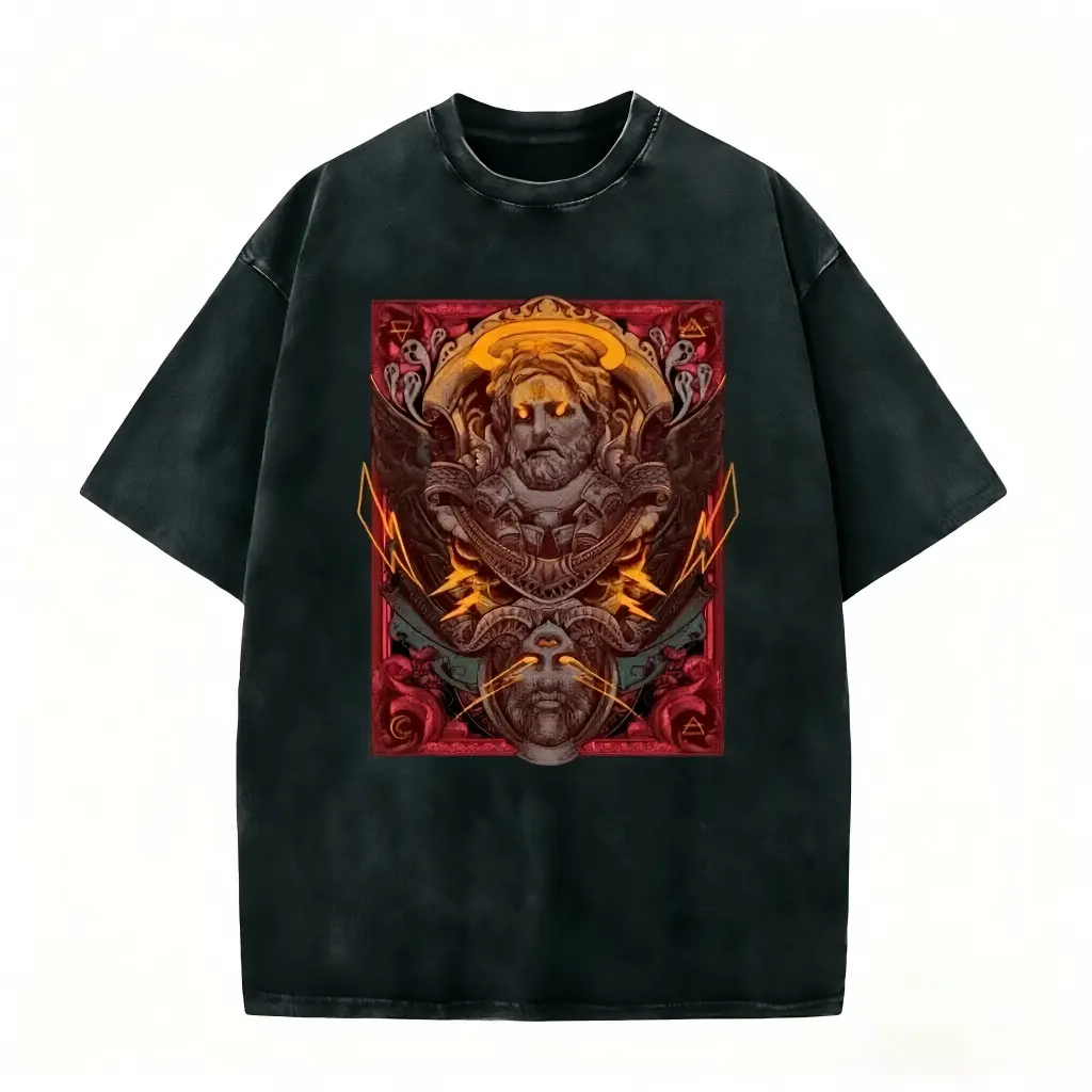 Intense Mythological God tee. Bearded deity with lightning, wings & demonic face below. Perfect for mythology & metal aesthetic fans. Bold washed cotton—grab this powerful statement now! #mythologytee #metalvibes