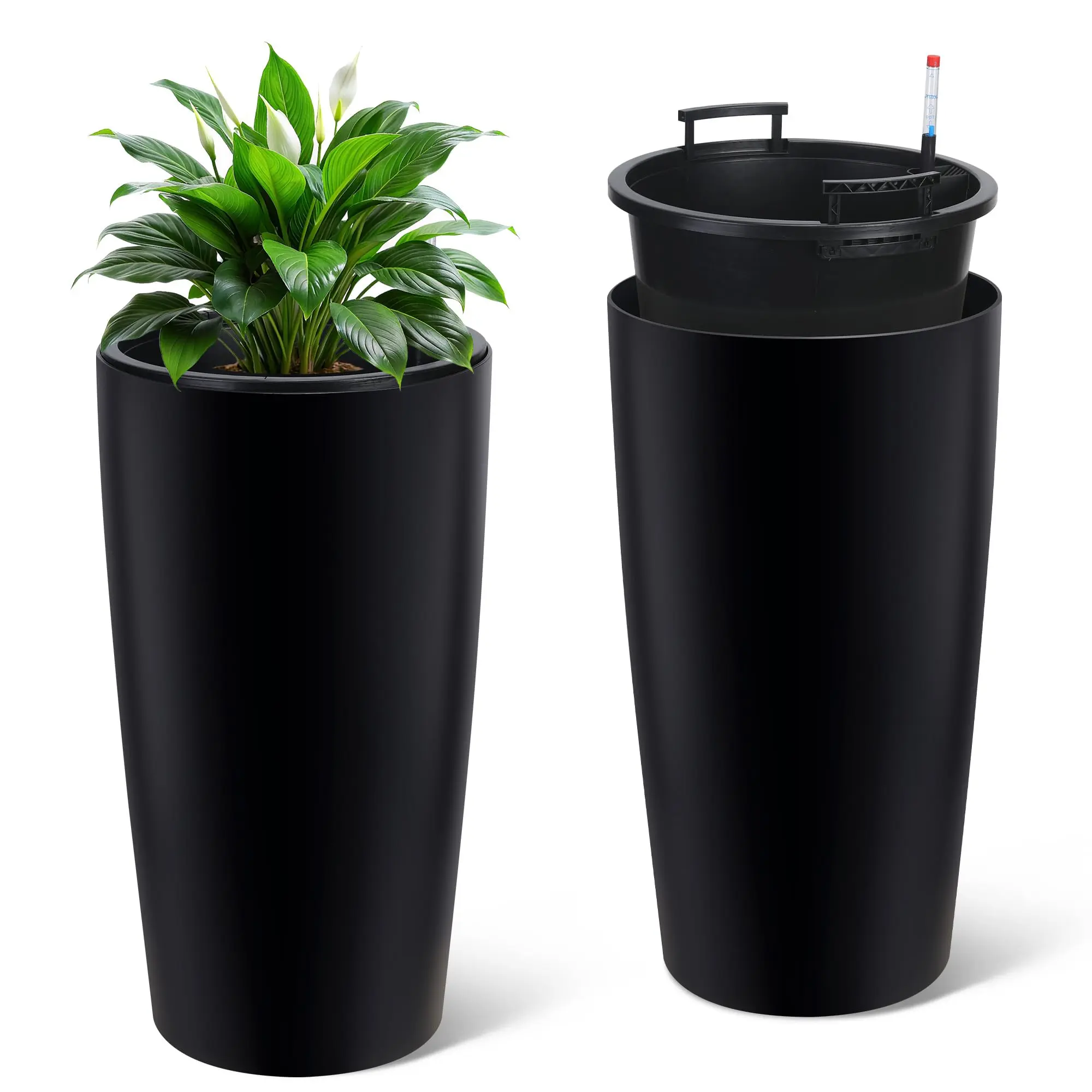 GARVEE Life Series Self-Watering Tall Planters Set of 2 – 30 Inch Large Flower Pots with Drainage Holes, Water Level Gauge & Removable Inner Bucket – Perfect for Outdoor Plants, Front Porch, Garden Decor – Black – Hassle-Free Watering, Modern Style