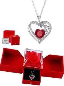 Rose Heart Pendant Necklace, Guardian Love Necklace with Eternal Flower Rose Box, Ideal Gift for Wife Mom Girlfriend, Heart Shaped Necklace, All Seasons