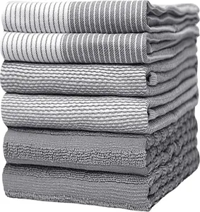 Bumble Kitchen Towels 20"x 28" 6 Pack Large Cotton Dish Towels Flat & Terry Highly Absorbent Linen Set with Hanging Loop Gray