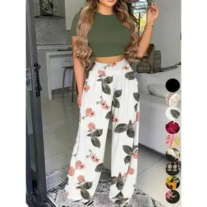 Women’s two-piece set: a chic solid round-neck T-shirt and pleated wide-leg pants; summer pullover set; summer clothing for women GARMENTARY