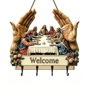 Flat Jesus and Disciples Wall Art Keychain Holder,2D Jesus Disciples Key Rack Organizer with 4 Metal Hooks,Rustic Farmhouse Religious Decor,Religious Gifts for Family,Friends Wooden Wall Shelf Wall Mountable