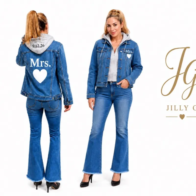 Bride &  Bridal Party Denim Jacket with removable hood for Wedding Weekend or gifts  | Custom Monogram, back has date on hood, name