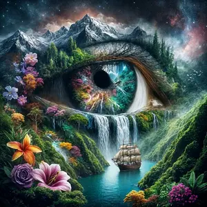 Nature Eye Waterfall Mountain 5D Full Drill Diamond Painting Kit Surreal Design with Shimmering Galaxy and Floral Accents Fantasy Landscape Art Style DIY Art for Home Wall Decor Ideal Gift for Surreal Art Fans and Craft Enthusiasts