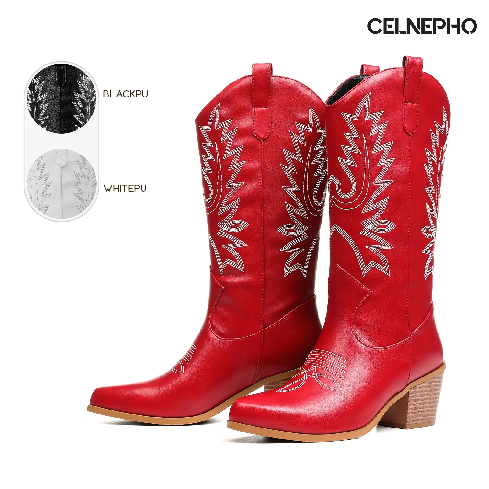 CELNEPHO Womens Cowboy Boots Pointed Toe Chunky Block Heel Embroidered Design Retro Classic Western Mid Calf Cowgirl Boot Easy Pull on Tabs Country Wedding Party Festival Casual Wear Horse Riding Spring Summer Dressy Shoes