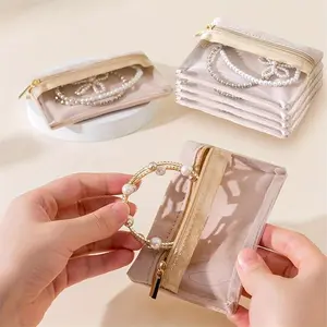 Portable Travel Jewelry Organizer with 6 Velvet Mini Pouches, Jewelry Storage Bag for Rings Earrings Necklaces, Ideal Beauty Gift for Women Girls, Beige