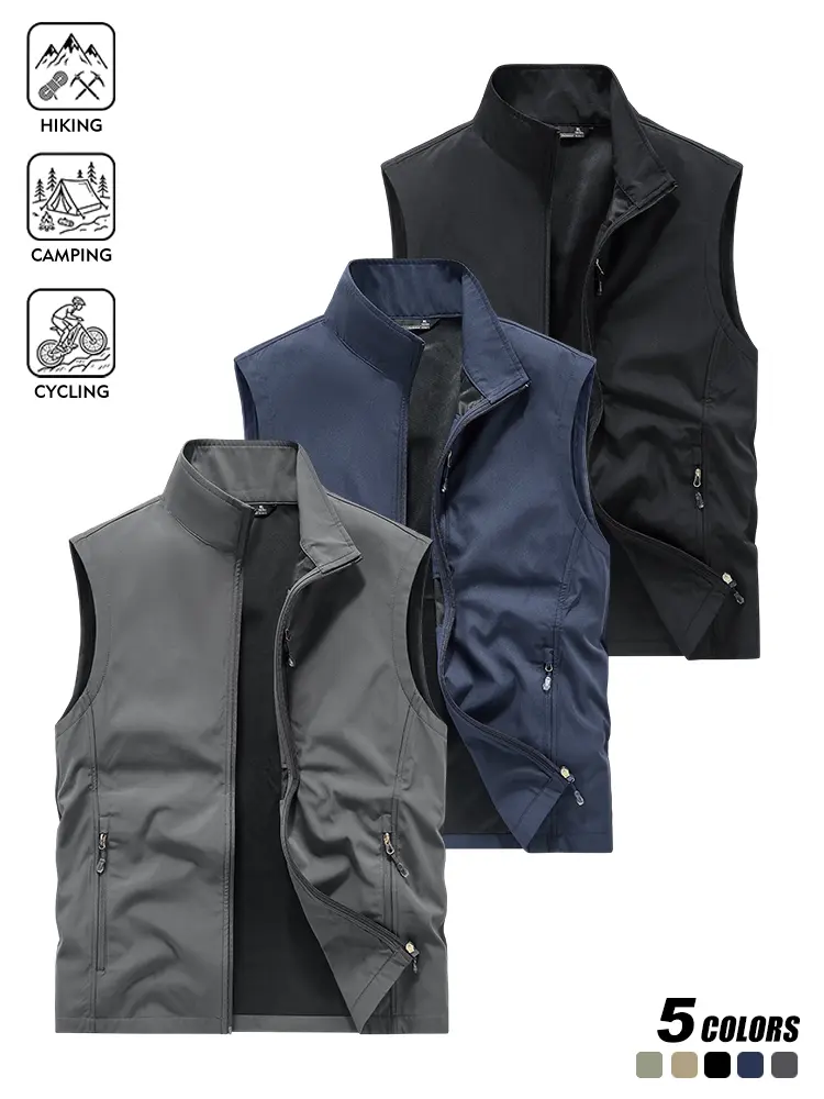Hiking Cycling Sleeveless Vest for Men, Light Smooth Windproof Fabric, Stand Collar, Multiple Zipper Pockets, Loose Fit Outer Gilet Perfect for Camping, Backpacking and Outdoor Trips