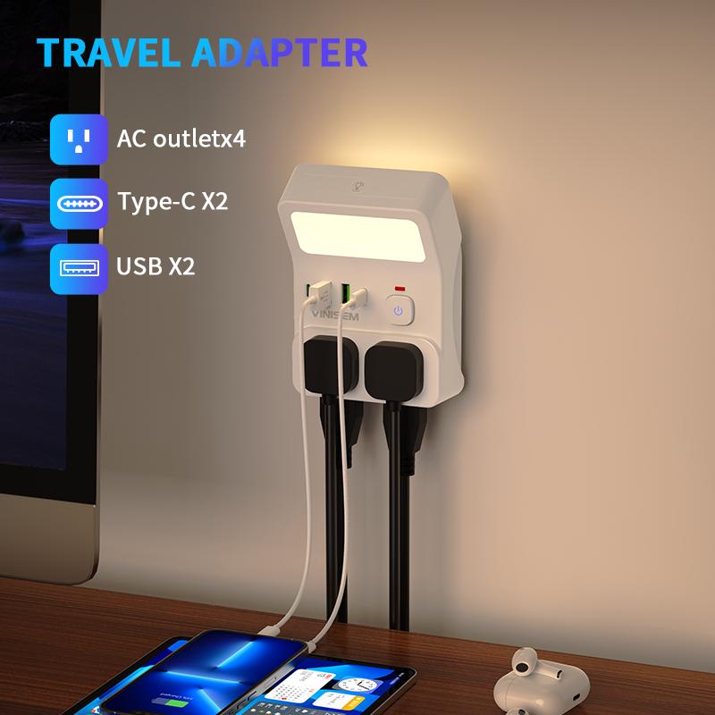 night light wall socket, 4 AC sockets with overload protection, maximum power of 1250W, 10A, 2 USB 2 Type-C, suitable for home, office, travel and computer.