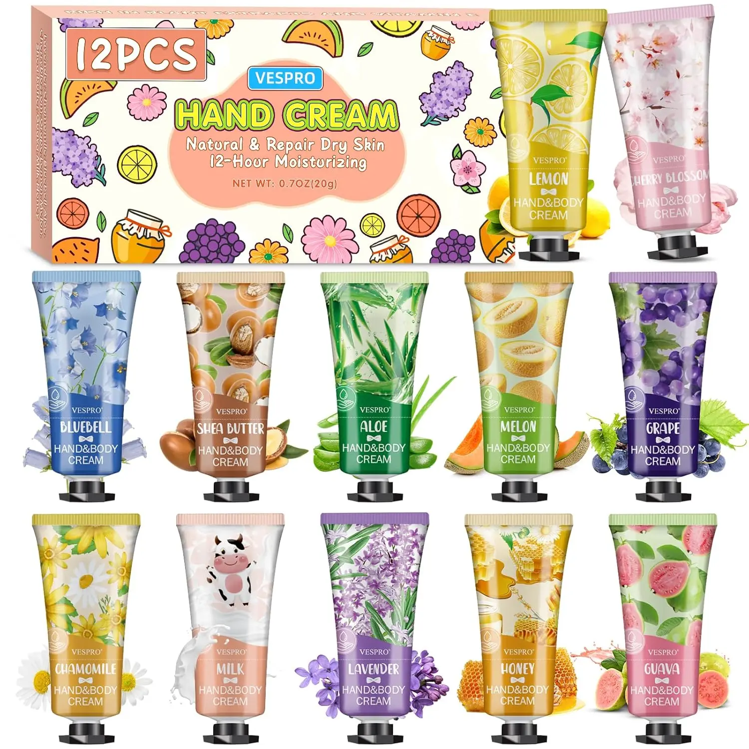 VESPRO 12 Pack Hand Cream Gift Set, Thank You Gifts, Bulk Hand Lotion Travel Size for Dry Cracked Hands, Mini Moisturizing Hand Lotion for Party Favors, Teacher Gifts and Birthday Gifts