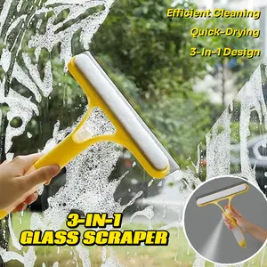 3 in 1 Window Cleaning Scraper, 2025 New Squeegee for Shower Glass, 3 in 1 Spray Function for Glass Doors for Windows Glass, Mirrors Scraper, Brush. All-Purpose Window Cleaner Tool