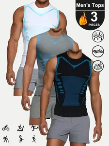 Men's Athletic Compression Vest 3PCS Set Crew Neck Sleeveless Absorbent Breathable Quick Drying Base Layer for Sports & Outdoor Activities