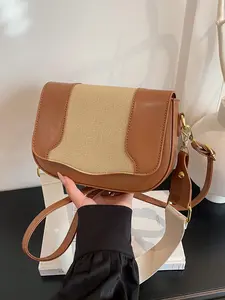 Canvas Patchwork PU Leather Saddle Bag, Wide Strap Crossbody Shoulder Bag, Vintage Commuter Clutch, Women's Versatile Small Square Bag