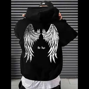 NewMen's Angel Wings & Letter Print Pocket Hoodie, Casual Loose Long Sleeve Drawstring Hooded Sweatshirt for Fall & Winter, Men's Clothes for Daily Wear