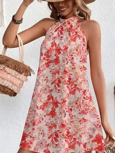 2026 New Spring Summer Halter Neck Off-Shoulder Slim Fit Long Dress, Womenswear, Party Essential, Sweet Floral Digital Print Chic Elegant Dress