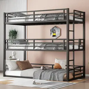 [Bellemave]Bunk Bed, Metal Triple Bunk Bed with Safety Guardrails, Heavy-duty Bunk Bed with Noise-reduced Design