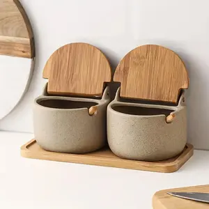 Ceramic Seasoning Jar with Bamboo Wood Lid & Spoon, 1 Set Kitchen Storage Jar, Seasoning Container, Kitchen Seasoning Utensils for Home Dining Room Barbecue