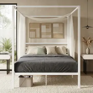 Full/Queen Size Metal Canopy Bed Frame with Four Poster Design, Metal Slats Support, Noise-Free, No Box Spring Needed, Easy Assembly, Modern Bedroom & Home Decor Furniture