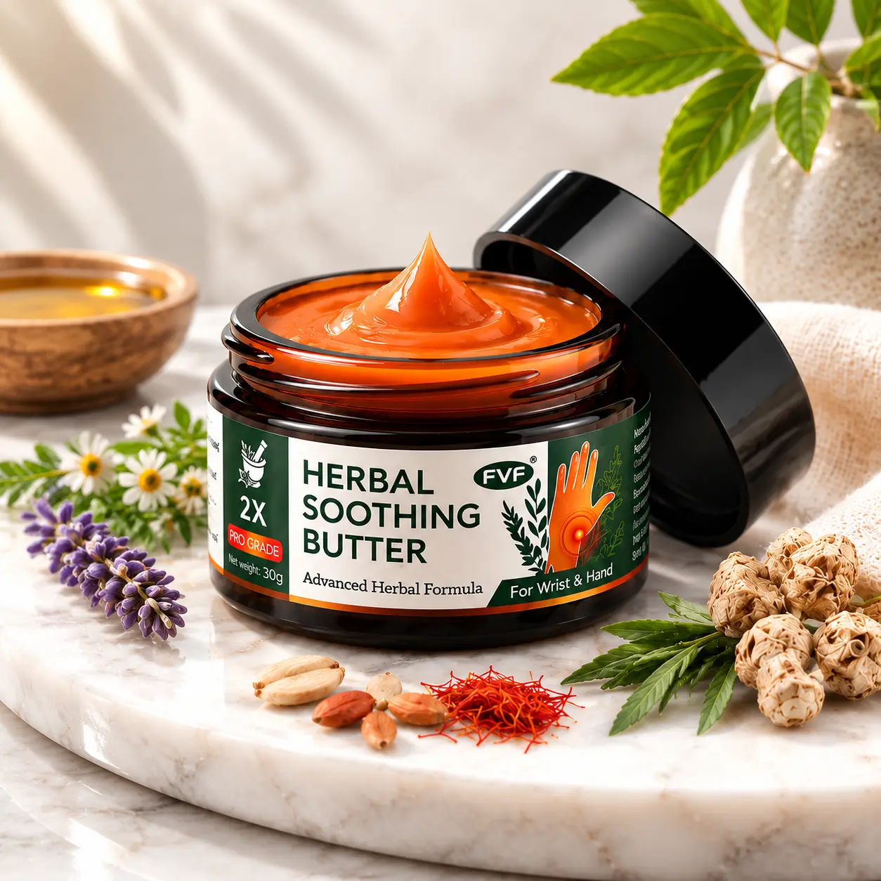 FVF Herbal Soothing Butter - Carpal Tunnel Hand Pain Relief Cream, Maximum Strength Formula for Wrist Soreness, Discomfort & Joint Stiffness – 30 g