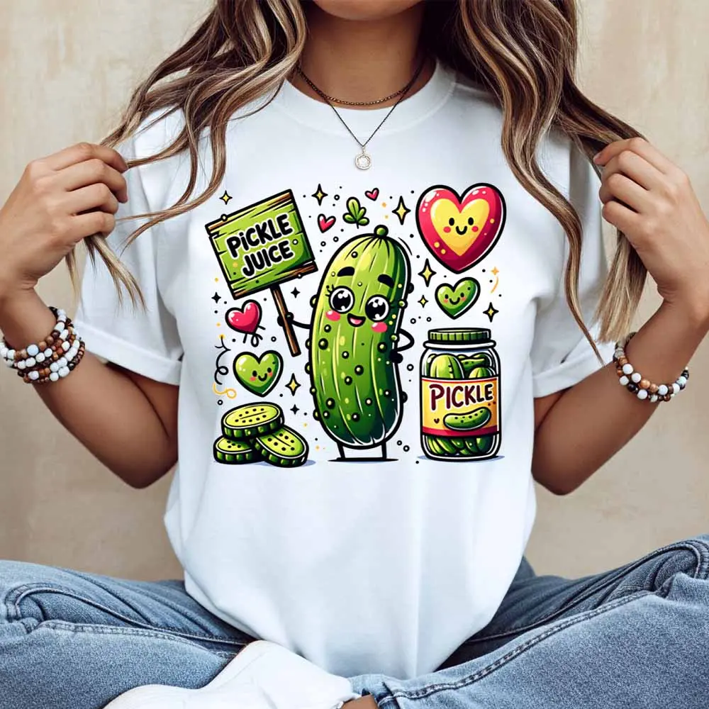 Pickle Juice Cucumber Heart Jar Print T Shirt Women Casual Short Sleeve Top Summer Fashion Trendy Graphic Tee