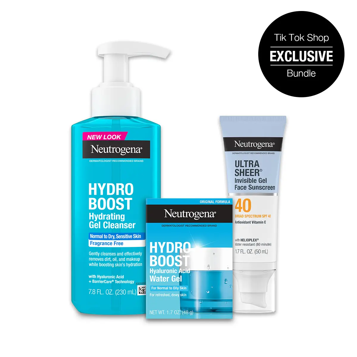 Neutrogena Hydro Boost Daily Routine Trio: Hydro Boost Water Gel or Water Cream, Hydrating Gel Cleanser, and Ultra Sheer Invisible Gel SPF 40 Face Sunscreen, 1.7 fl. oz