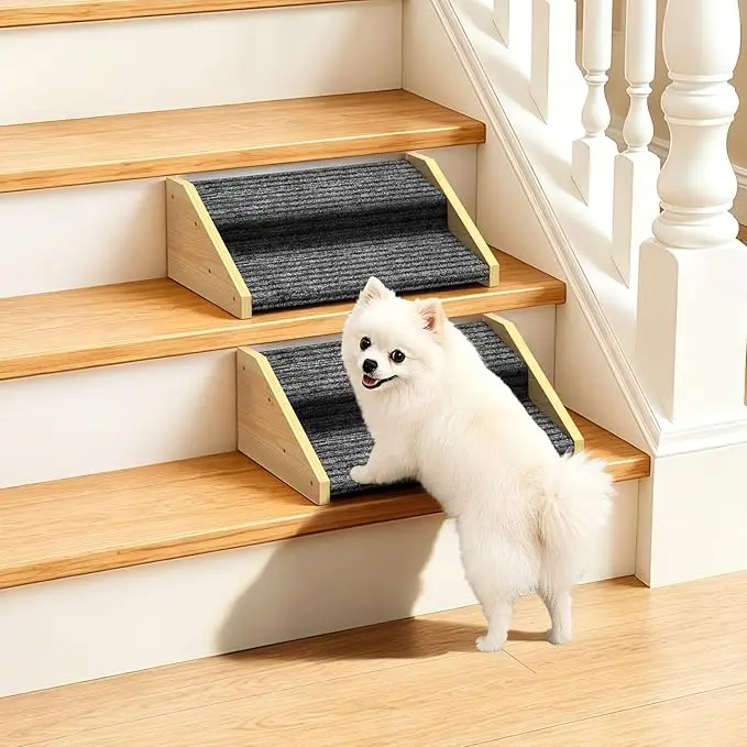 2-Step Wooden Dog Ramp with Non-Slip Carpet - Safe Climb Mobility Aid, Gentle Slope Indoor Accessory for Small Senior/Injured Short-Legged Dogs & Cats, Pet Training & Behavior Tool
