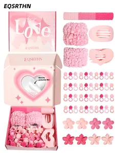 154pcs powder love hair accessories gift box: gradient hair belt plush large intestine ring many accessories, sweet sister one-stop makeup hair equipment with heart-shaped mirror
