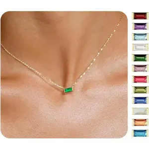 Birthstone Necklace for Women Dainty Trendy 14K Gold Plated Emerald Couple Necklaces Simple Green Diamond Pendant Choker Blue Cute Cubic Zirconia Jewelry for Women Mothers Birthday Gifts