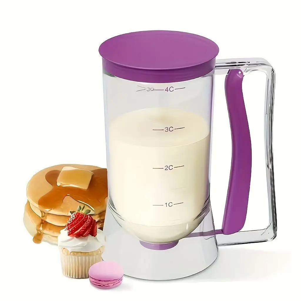 Cake Batter Separator Measuring Cup Dispenser Handheld DIY Baking Tool with Purple Handle and Clear Body for Accurate Measurements