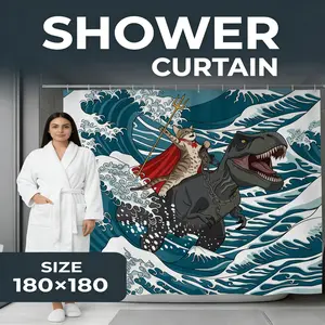 Funny Cat Dinosaur Shower Curtain, Ukiyo-e Japanese Wave with Super Cat Riding Tyrannosaurus, 72" x 72" Durable Mildew Resistant Bath Curtain Set