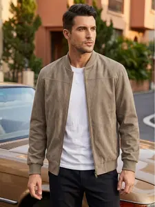 Men's Long Sleeve Vintage Faux Suede Bomber Jacket, Slim Fit Casual Lightweight Zip-Up Windbreaker, Streetwear Alternative Preppy Biker Varsity Flight Coat for Spring, Fall