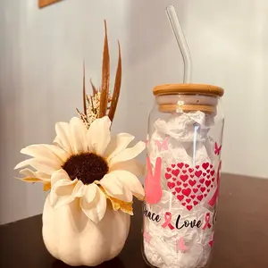 16oz Libby Love Peace and Cure Breast Cancer Glass cup with Glass Straw