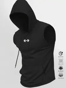 Men's Barbell Print Drawstring Waist Hoodie, Sporty Fitted Design, Comfortable for Workout and Fitness Training, Solid Pattern, Sleeveless Gym Tops