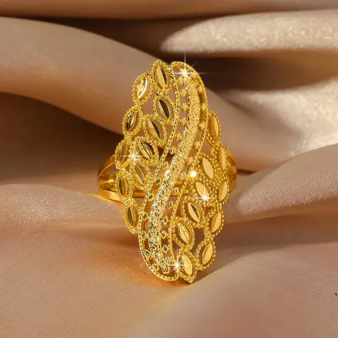 Leaf shaped hollow ring, Dubai Arab Middle East jewelry copper gold-plated adjustable 24k women's long ring, wedding party gift, women's fashionable ring, Elegant Everyday Ring, Unique Rings, Beautiful Rings