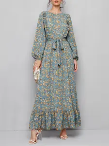 Elegant Floral Print Long Slim Woven Dress for Women, Ruffled Hem Butterfly Knot Design, Ladies Fashion Clothing for Special Occasions