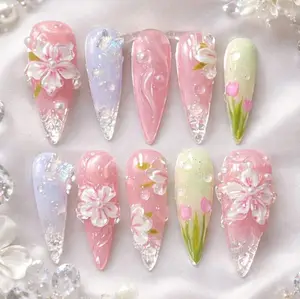 3D Floral Pink Press On Nails, Handmade Spring Gel Nail Set with Crystal Tips, Tulips & Cherry Blossom Design, Gift for Her