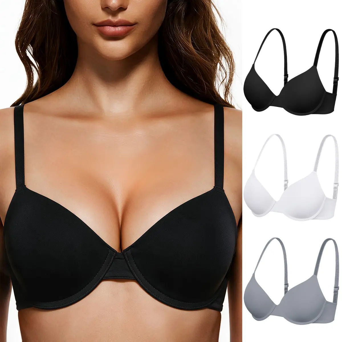 TryWish 3PCS Women's Push Up T-Shirt Bra Solid Color Full-Coverage Smooth Everyday Bra