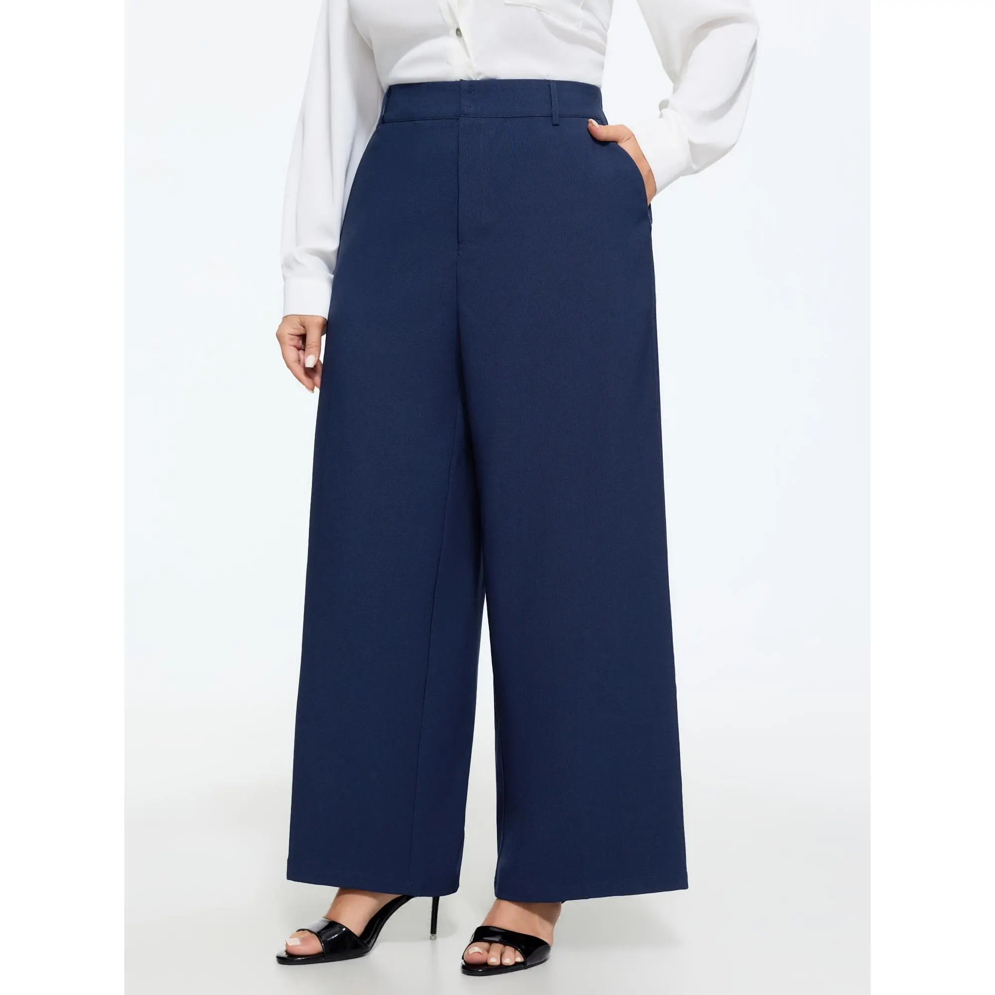 BLOOMCHIC Plus Size Stretchy Center Crease Pockets Wide Leg Pants[M-6X] Back To School,Fall Pick