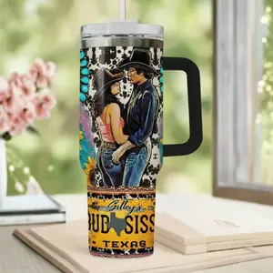 Urban Cowboy Bud & Sissy 40oz Tumbler With Handle – Western Texas Cowboy Cowgirl Couple Insulated Travel Mug Gift, Stainless Steel Tumbler, Gift for fan