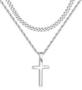 Cross Necklace for Men, Layered Mens Cross Necklaces Stainless Steel Cross Pendant Cuban Link Rope Chain Cross Necklace for Men, Layered Mens Cross Necklaces Stainless Steel Cross Pendant Cuban Link Rope Chain