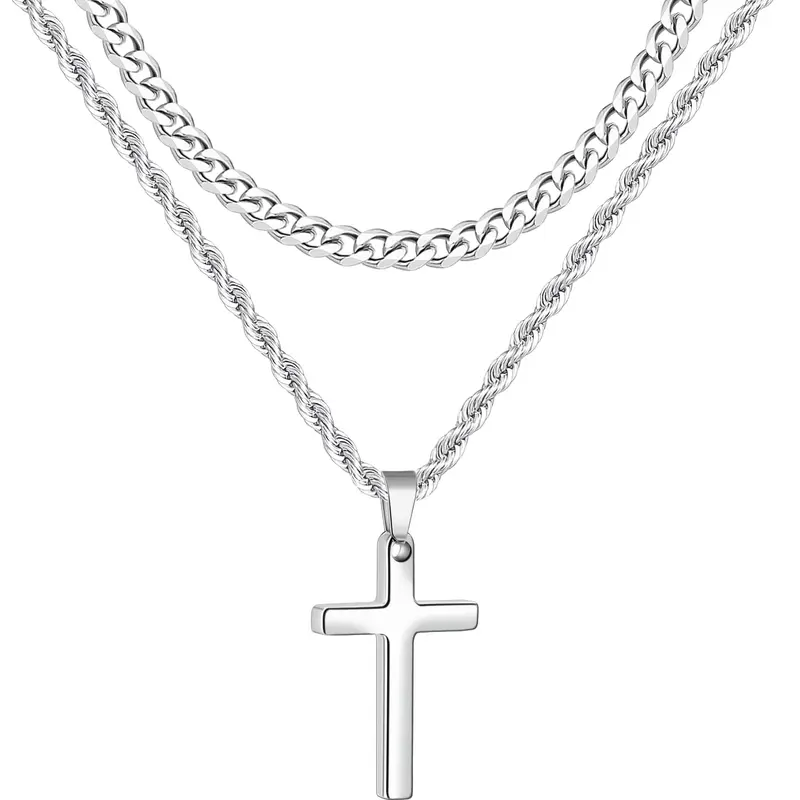 Cross Necklace for Men, Layered Mens Cross Necklaces Stainless Steel Cross Pendant Cuban Link Rope Chain