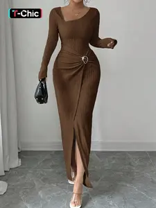 Aliling Women's Elegant Long Dress, Plain Split Thigh, Fall & Winter Fashion, Party Date, Long Sleeve, Slant Neck, Stylish Women's Clothing