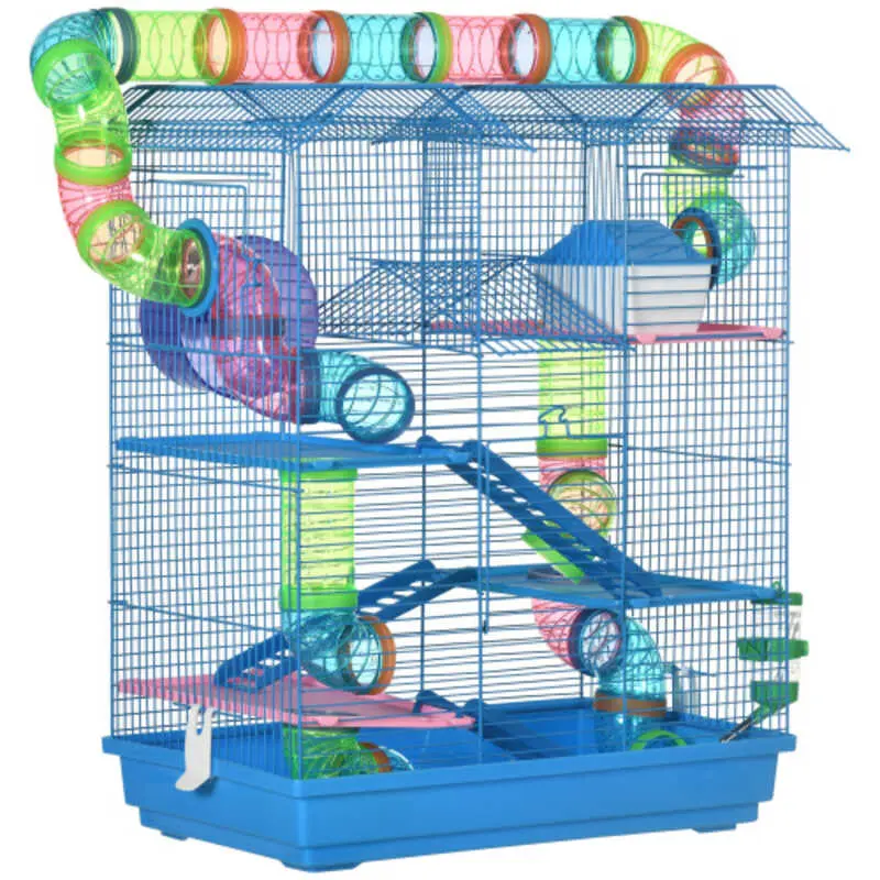 Hamster Tubes and Tunnels Small Animal Cage Rat Gerbil with Water Bottle Food Dish Exercise Wheel Blue