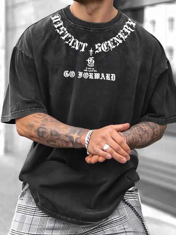 Men's Casual Sporty Short Sleeve Shirt, Gothic Letter Print, Comfortable Round Neck Tee, Athletic T Shirt for Outdoor Gym Streetwear