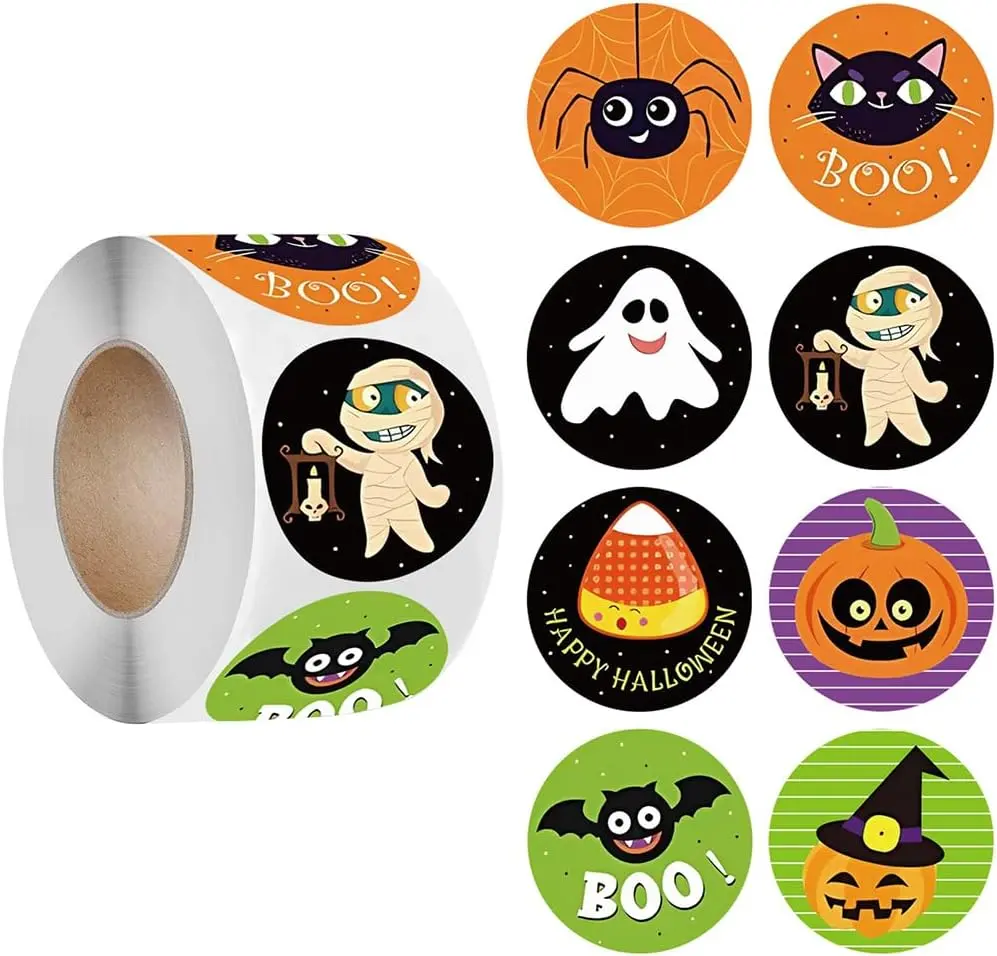 500PCS Halloween Stickers Roll, Pumpkin Bat Spider Halloween Stickers, 8 Vibrant Colors & Designs, Round Party Seal Stickers for Treat Bags, Envelopes, Gift Wrapping, Party Favors & Halloween Decorations